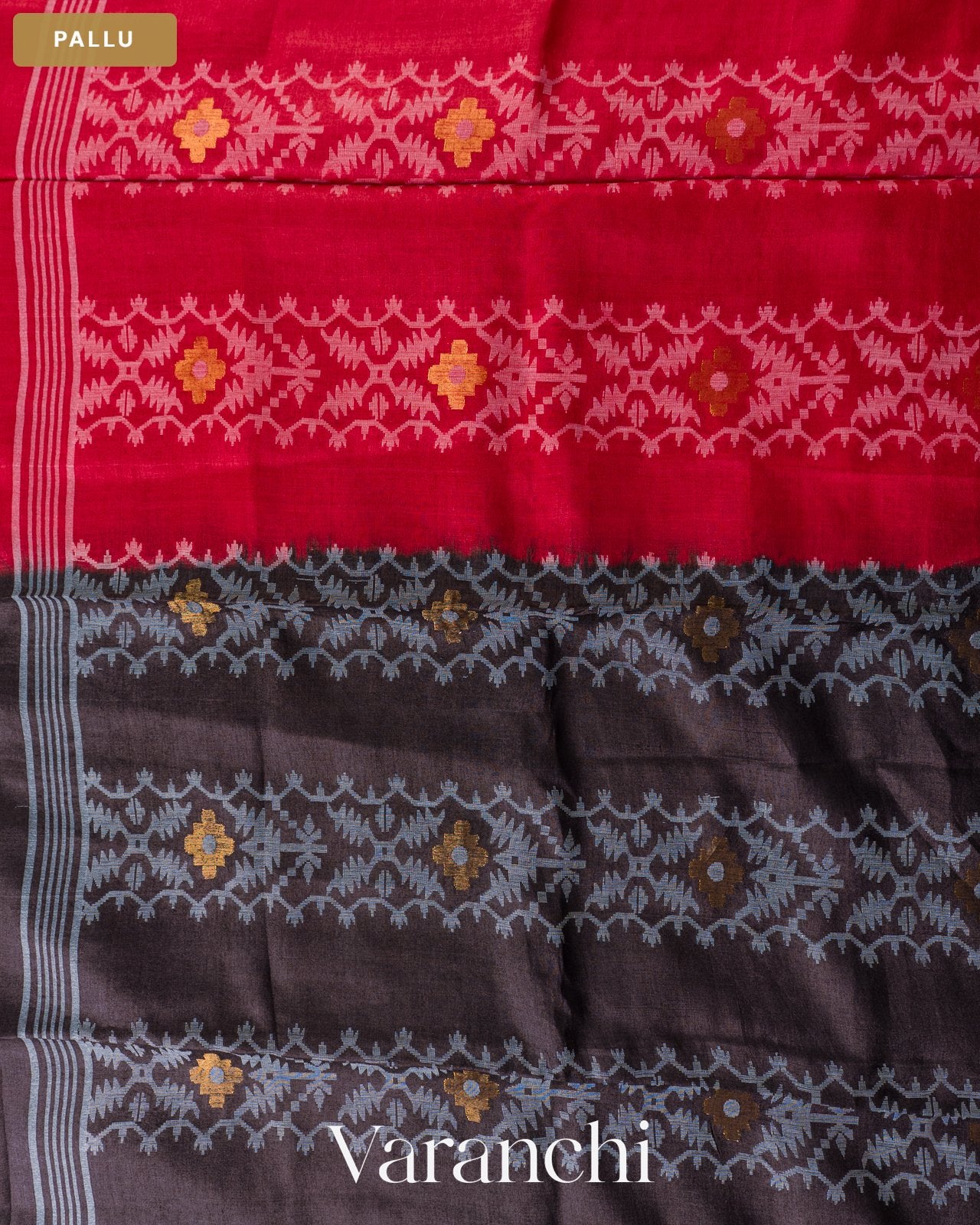 Dark Grey Jamdani Pure Tussar Silk Handloom Saree — Pallu