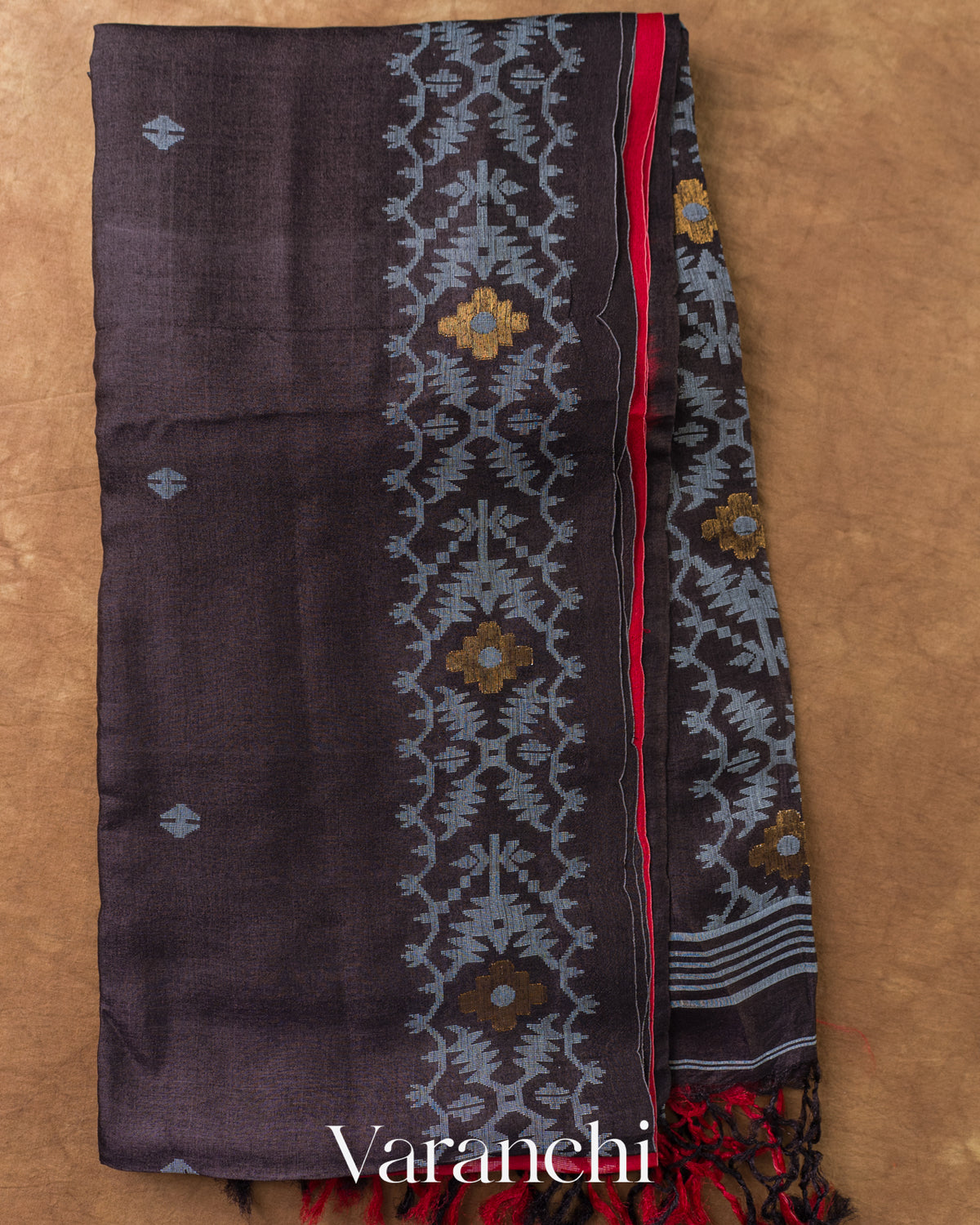 Dark Grey Jamdani Pure Tussar Silk Handloom Saree — Full Saree