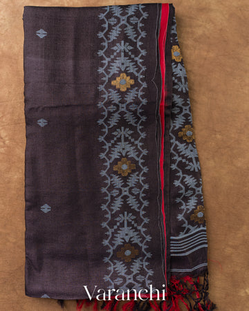 Dark Grey Jamdani Pure Tussar Silk Handloom Saree — Full Saree