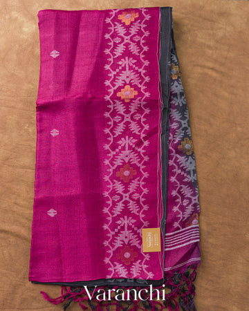 Dark Pink Jamdani Pure Tussar Silk Handloom Saree — Full Saree