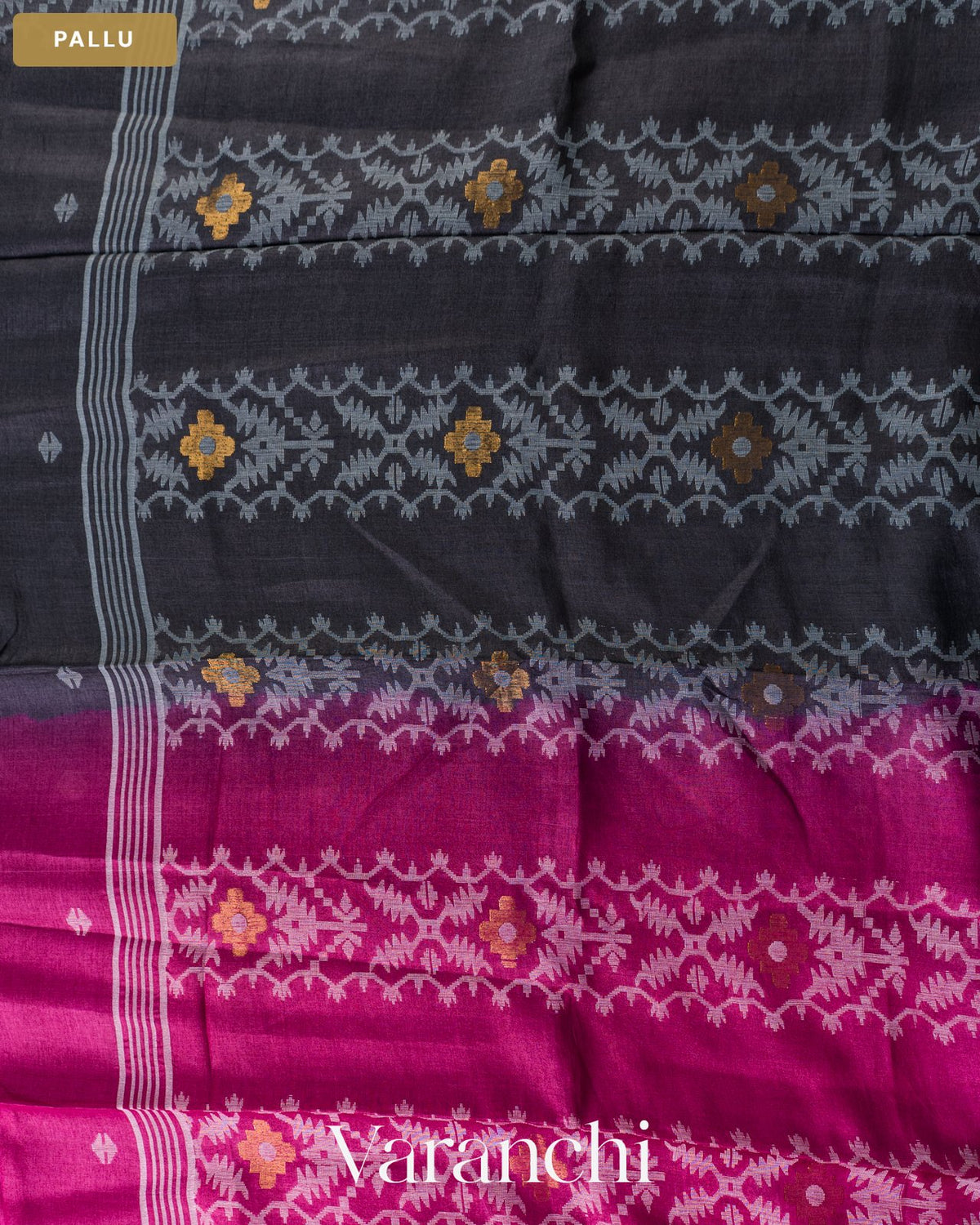 Dark Pink Jamdani Pure Tussar Silk Handloom Saree — Pallu