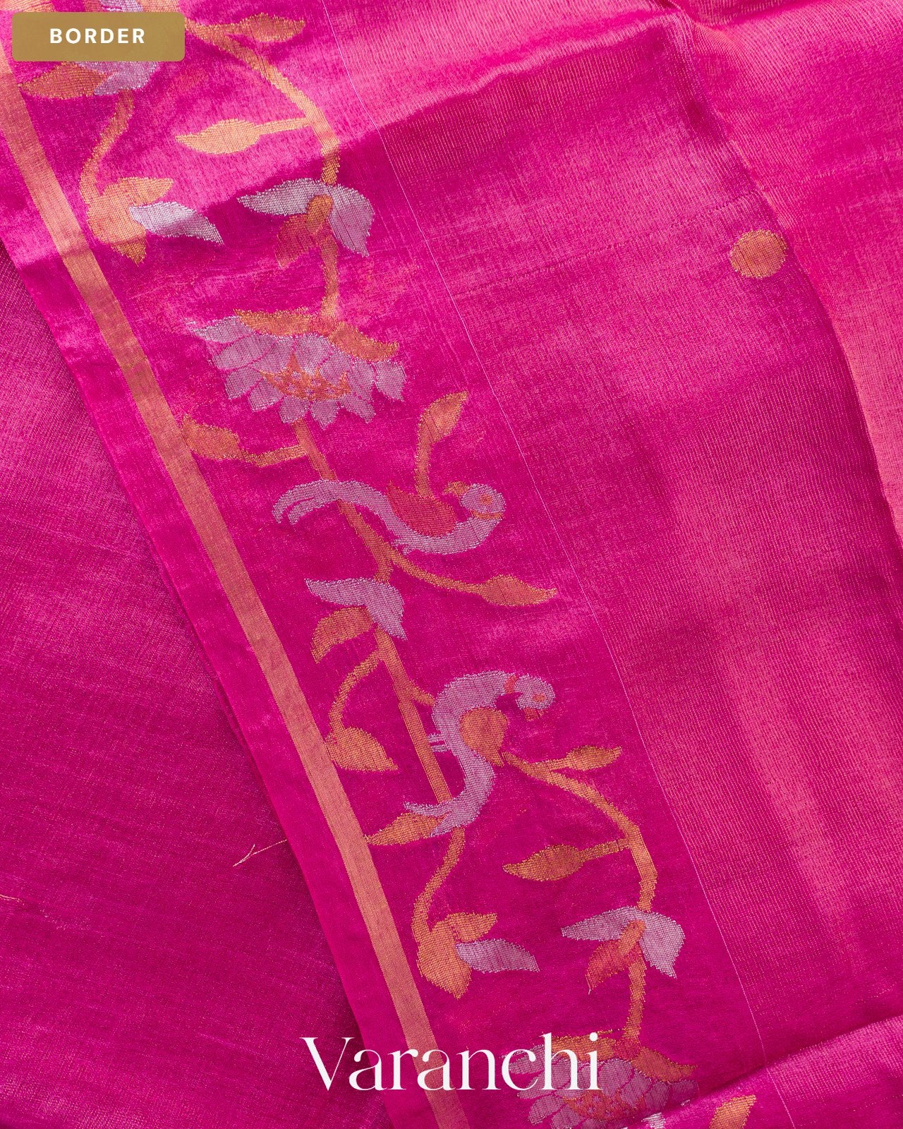 Rani Pink Pure Tussar Silk Saree — Border