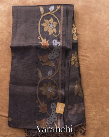 Dark Grey Jamdani Pure Tussar Tissue Silk Handloom Saree — Full Saree