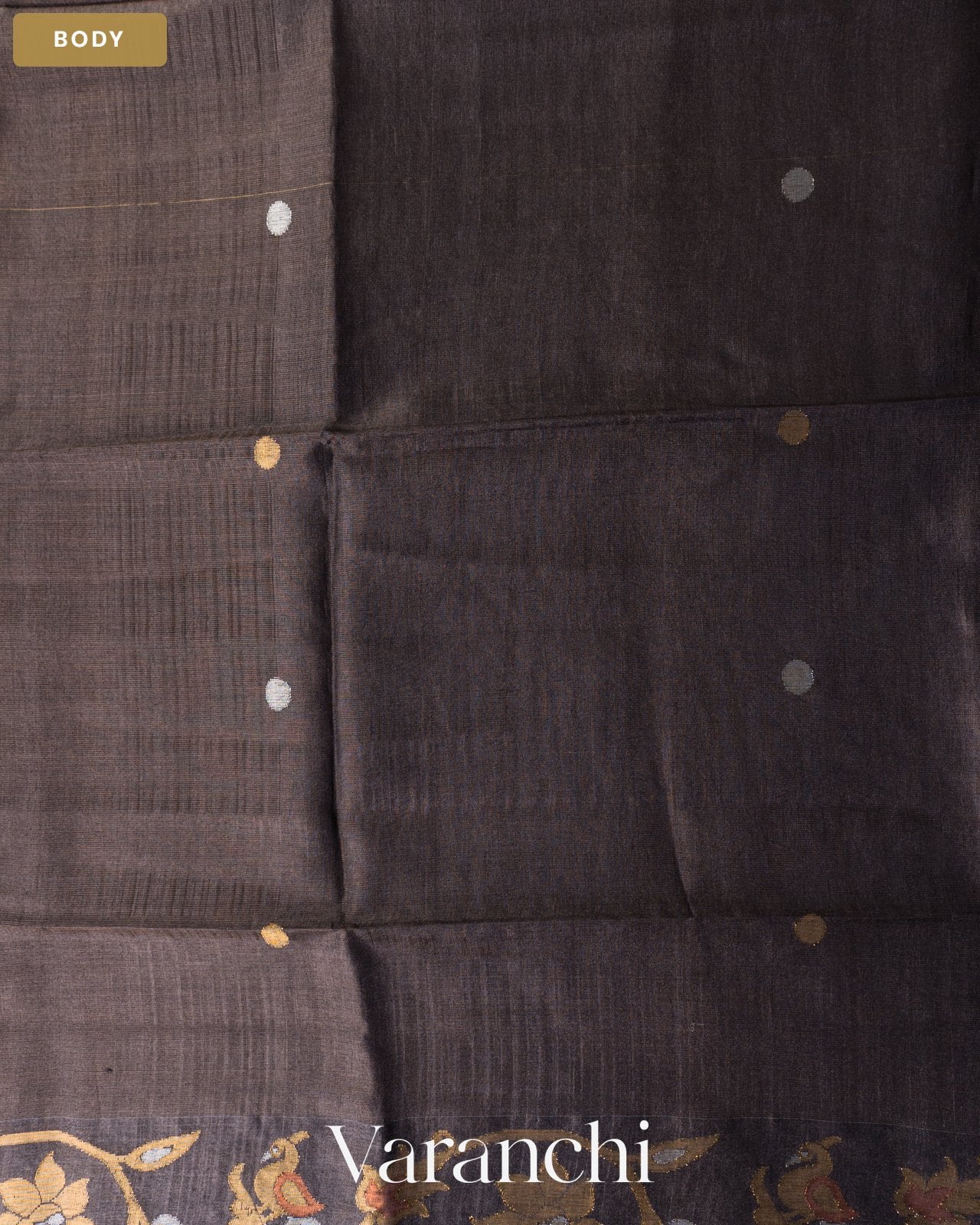 Dark Grey Jamdani Pure Tussar Tissue Silk Handloom Saree — Body