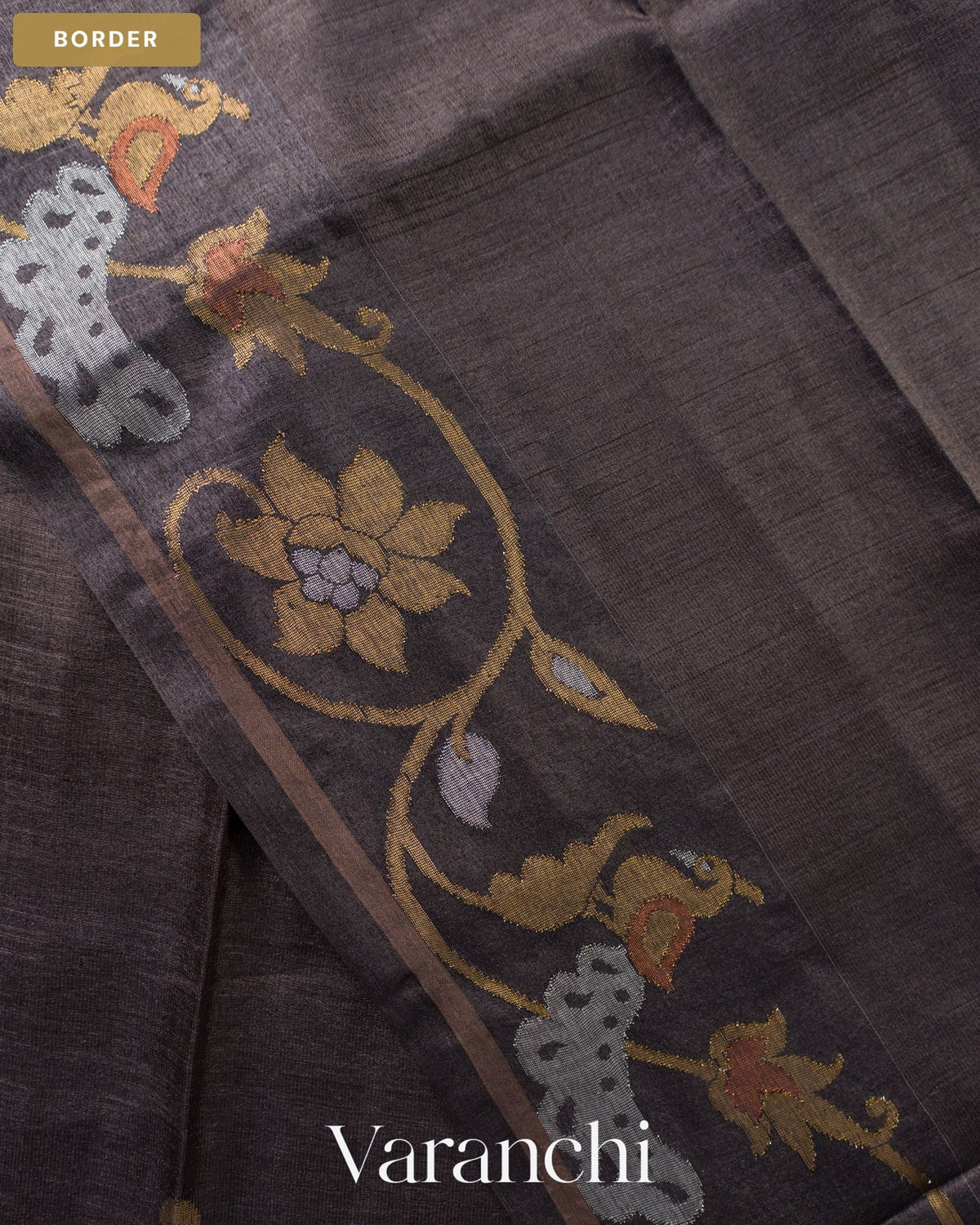 Dark Grey Jamdani Pure Tussar Tissue Silk Handloom Saree — Border