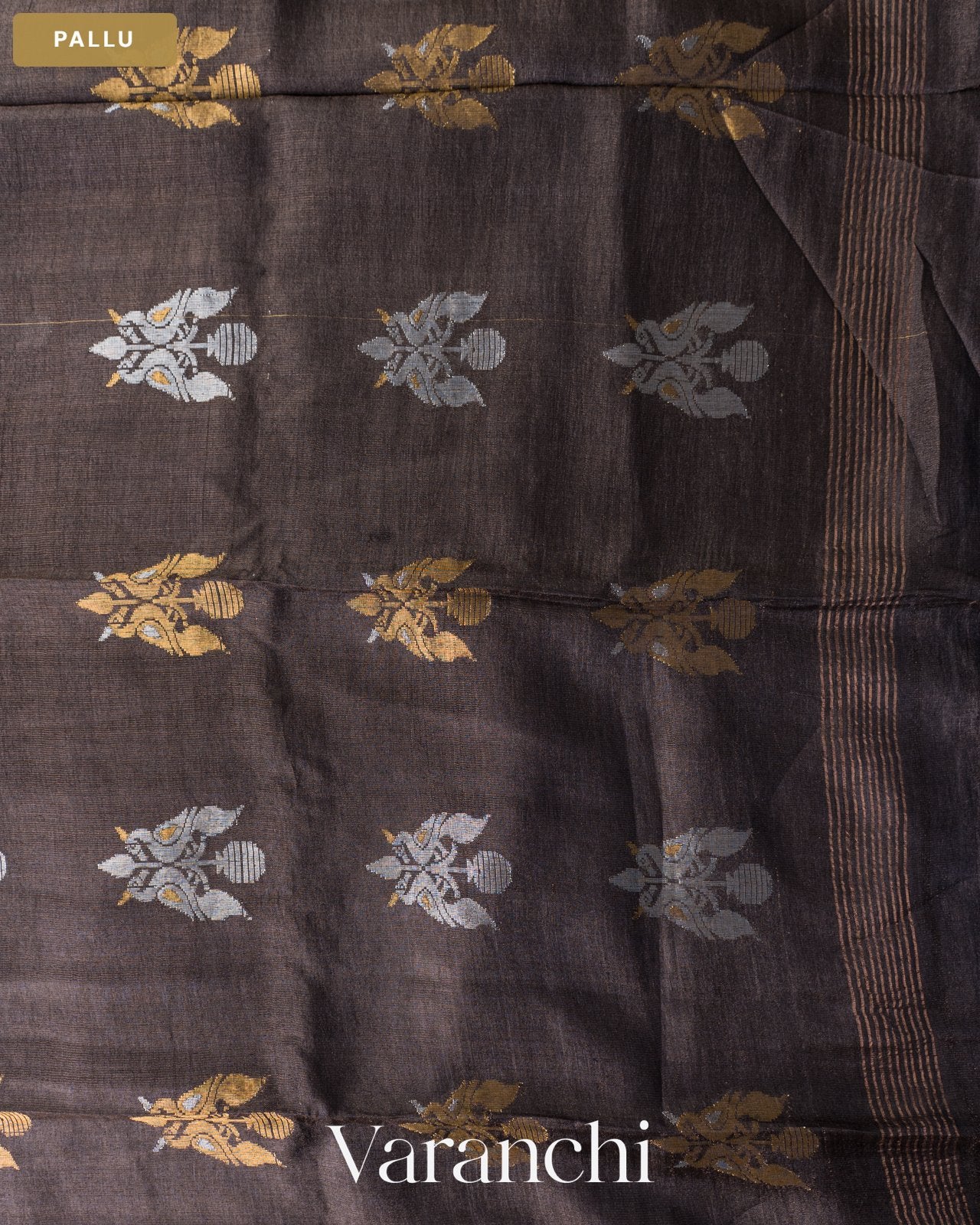 Dark Grey Jamdani Pure Tussar Tissue Silk Handloom Saree — Pallu