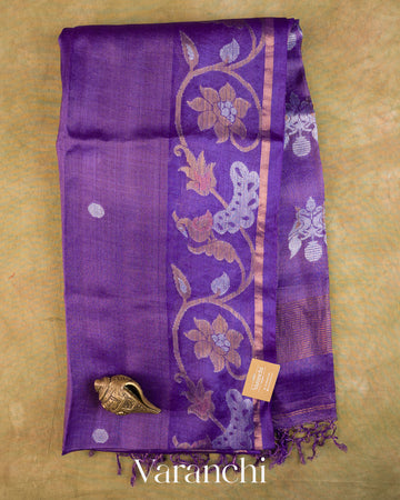 Violet Jamdani Pure Tussar Tissue Silk Handloom Saree — Full Saree