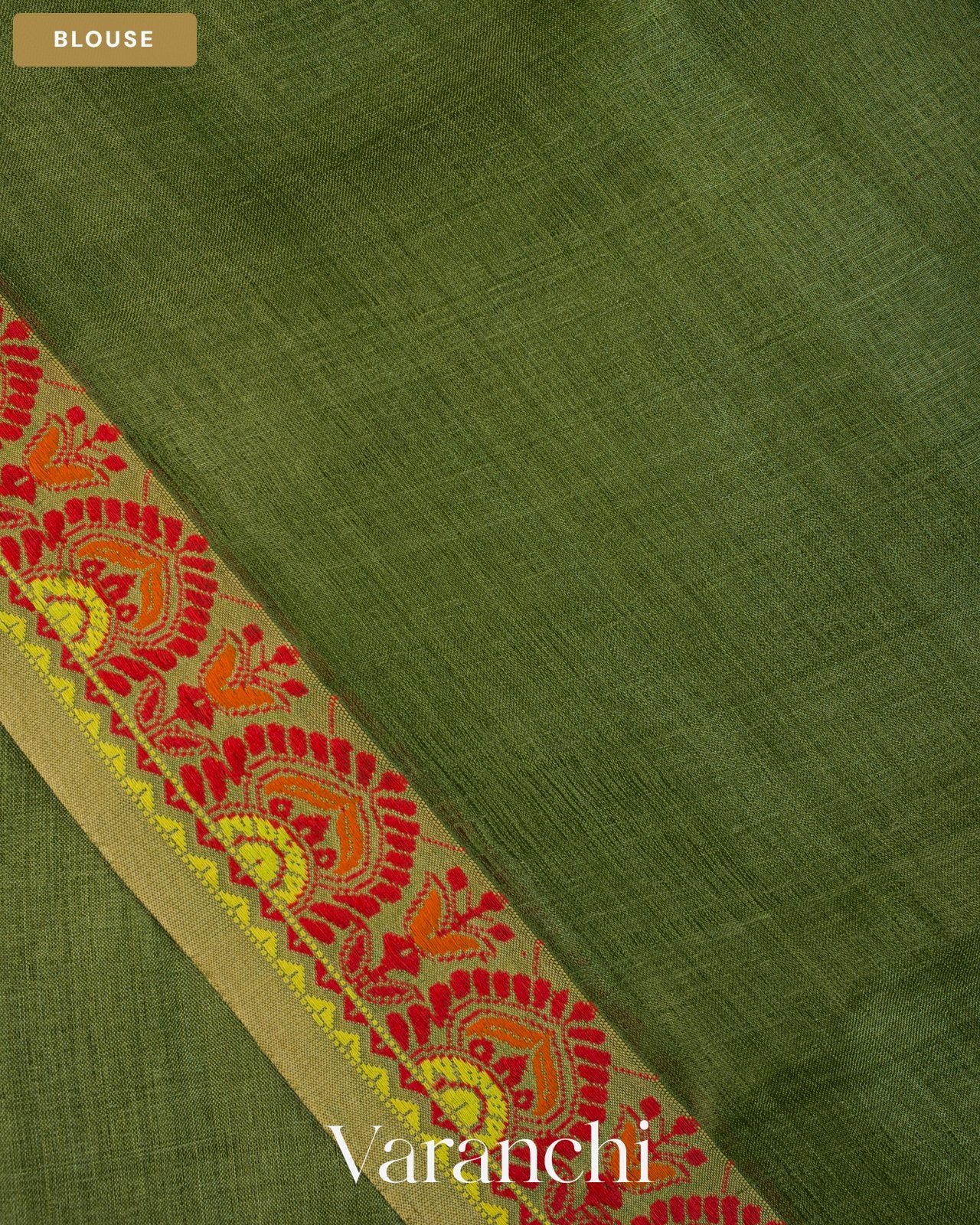 Leafy Green Floral Jamdani Pure Tussar Silk Handloom Saree — Blouse