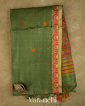 Leafy Green Floral Jamdani Pure Tussar Silk Handloom Saree — Full Saree