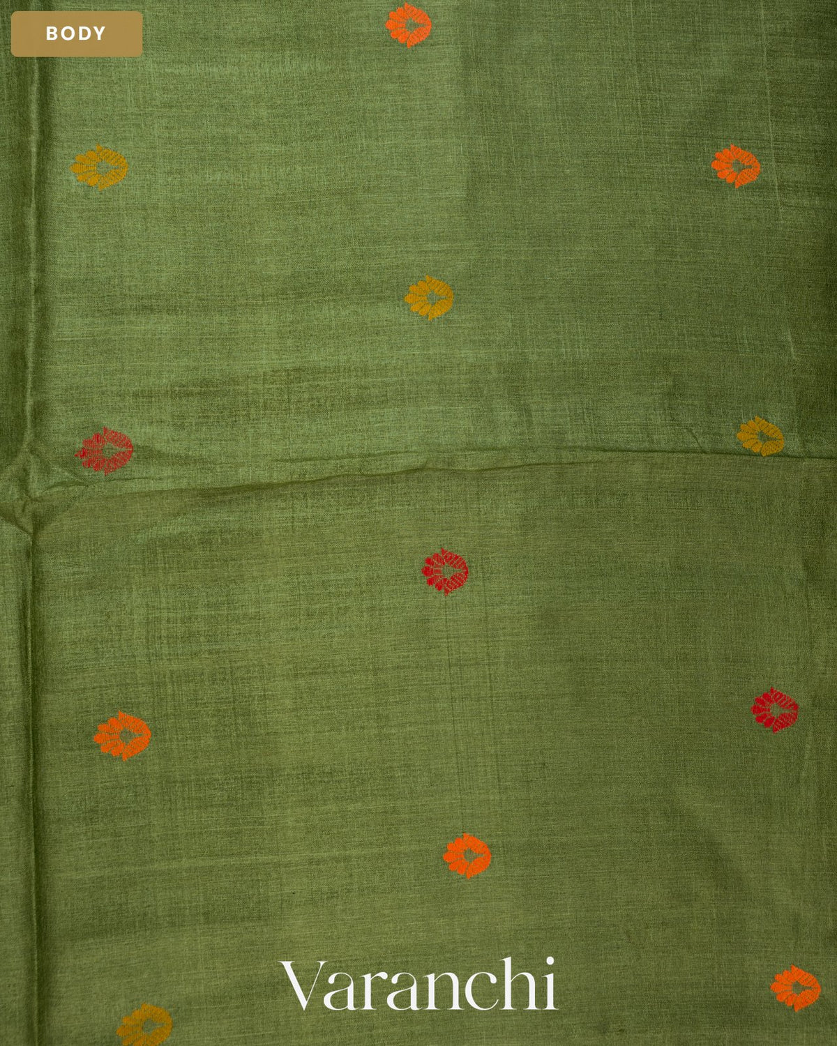 Leafy Green Floral Jamdani Pure Tussar Silk Handloom Saree — Body