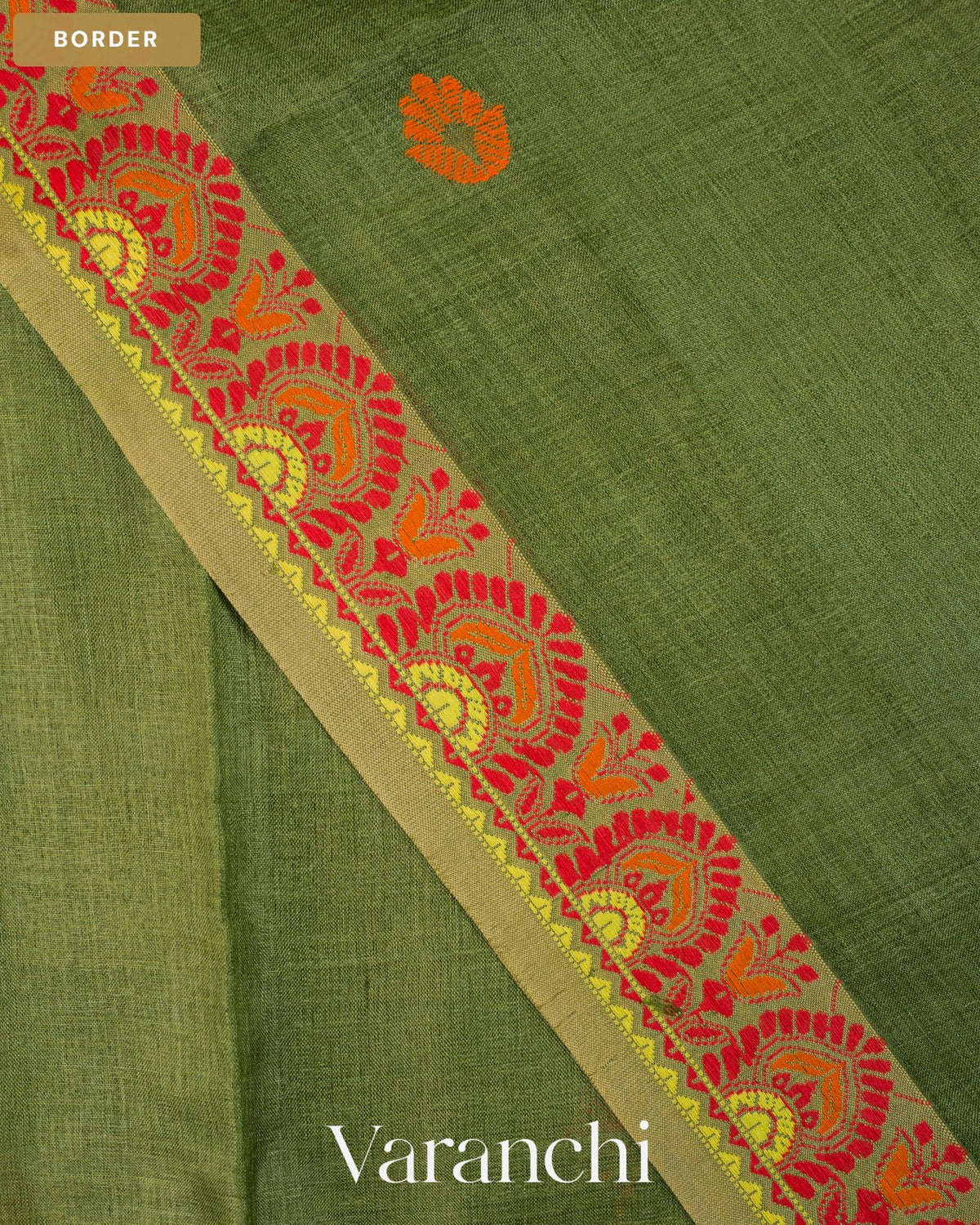Leafy Green Floral Jamdani Pure Tussar Silk Handloom Saree — Border