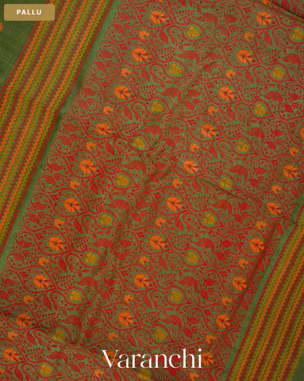 Leafy Green Floral Jamdani Pure Tussar Silk Handloom Saree — Pallu