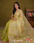 Pista Green Floral Jamdani Pure Muslin Silk Handloom Saree — Draped