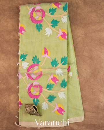 Sage Green Floral Jamdani Pure Muslin Silk Handloom Saree — Full Saree