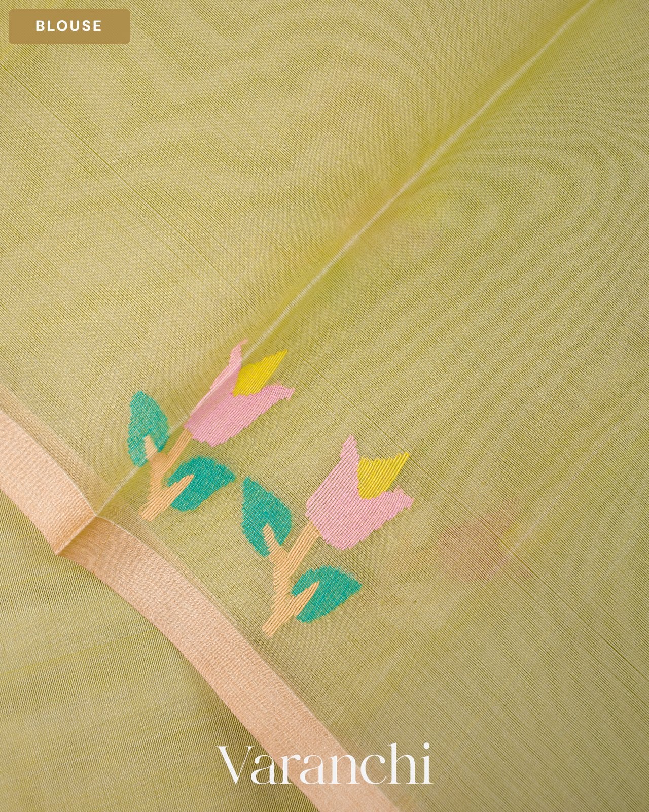 Sage Green Floral Jamdani Pure Muslin Silk Handloom Saree — Blouse