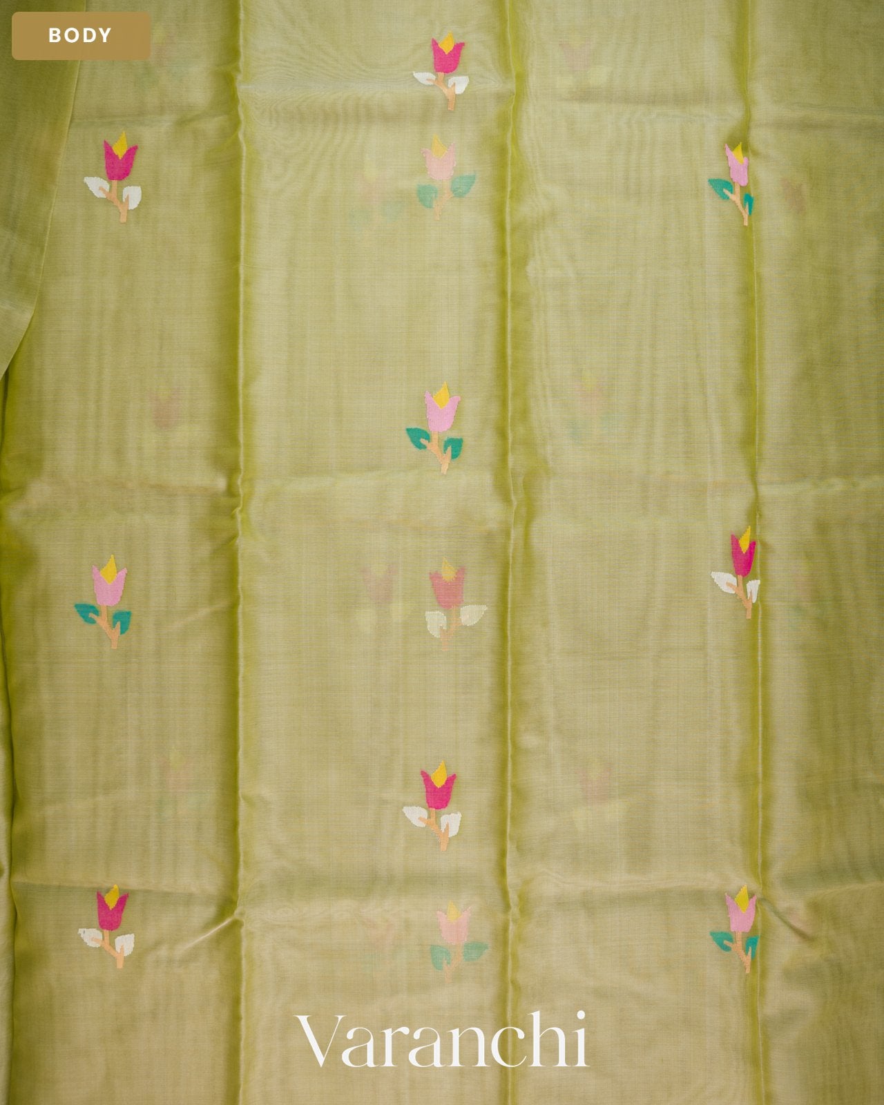 Sage Green Floral Jamdani Pure Muslin Silk Handloom Saree — Body