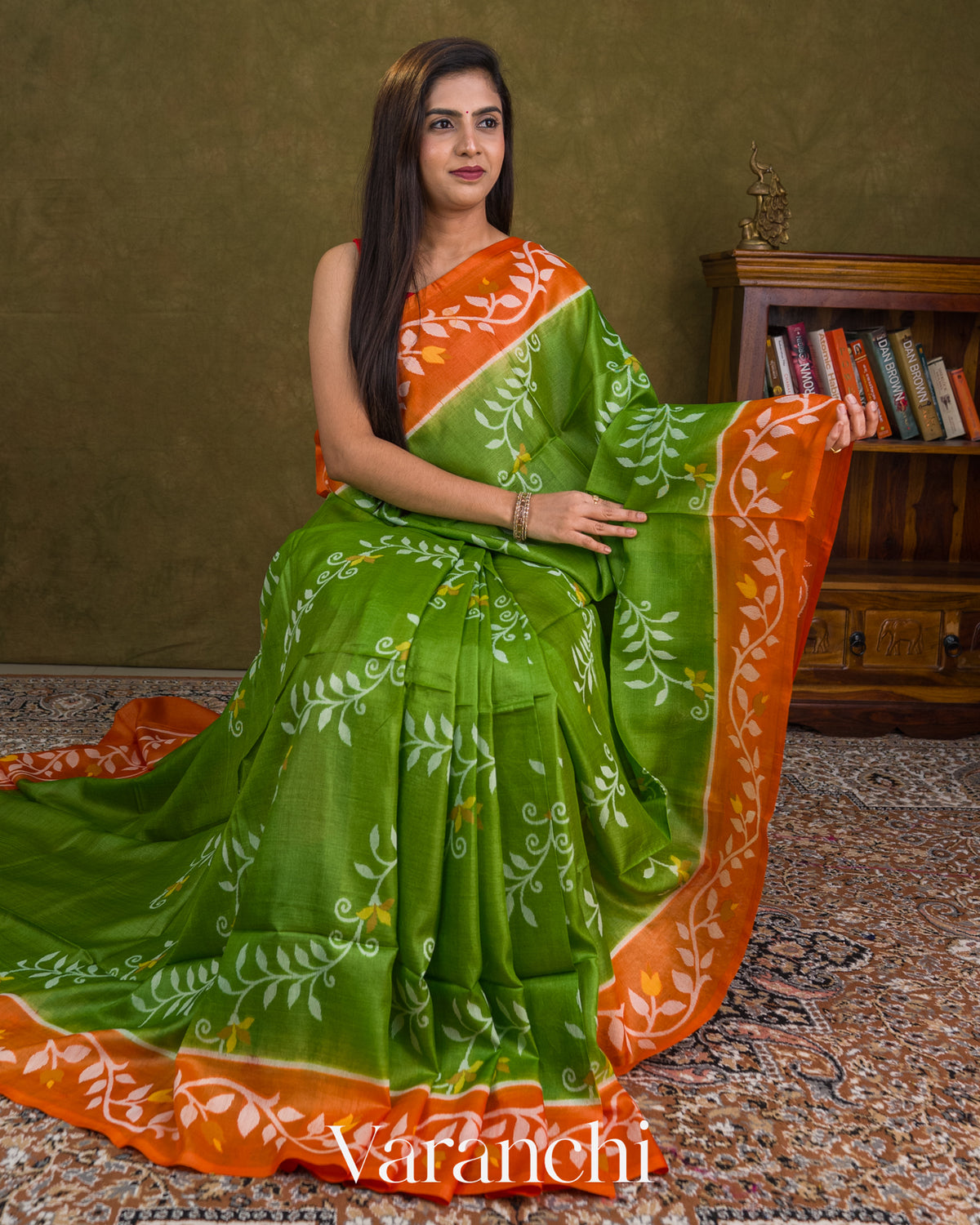 Parrot Green Jamdani Pure Tussar Silk Handloom Saree — Draped