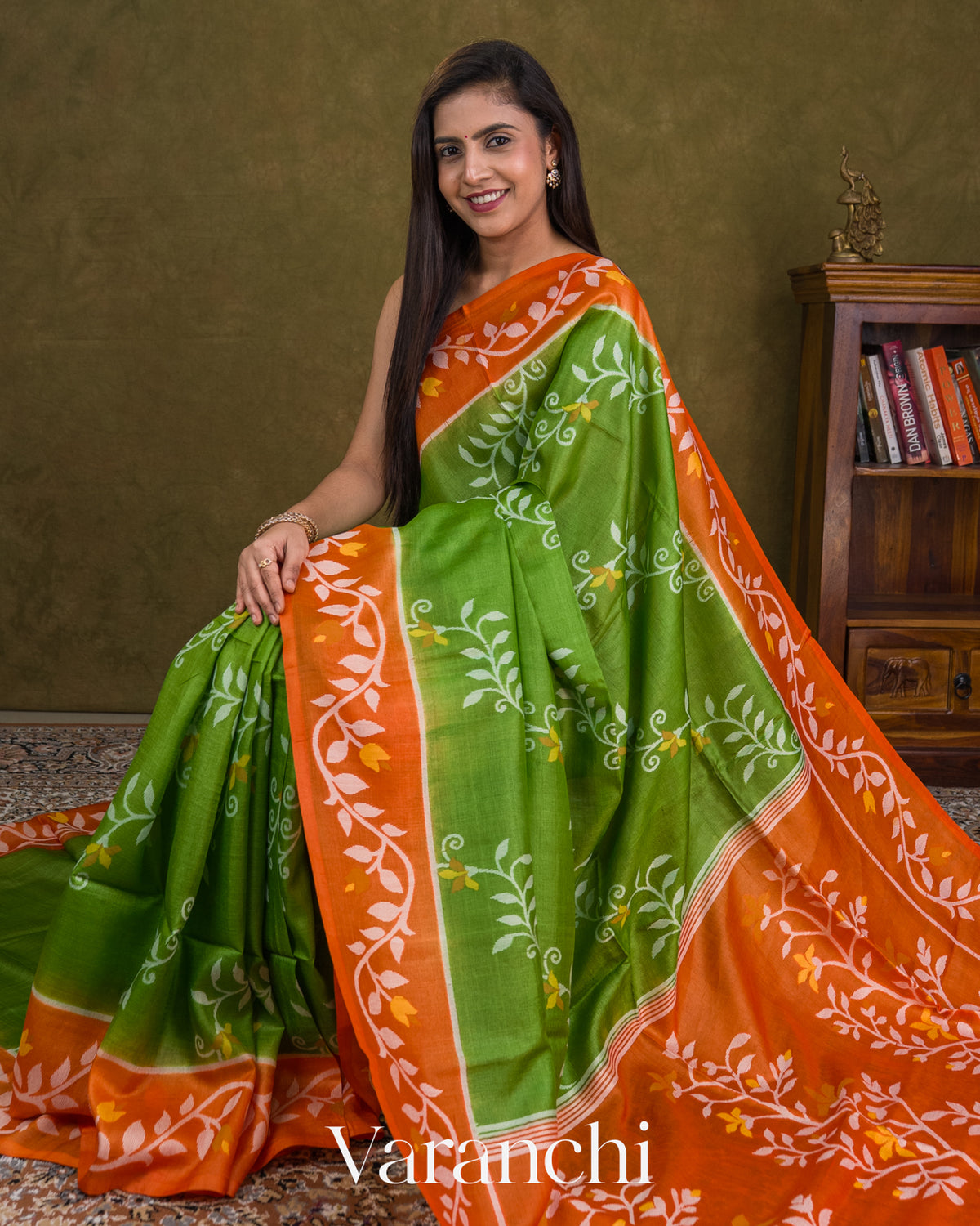 Parrot Green Jamdani Pure Tussar Silk Handloom Saree — Draped