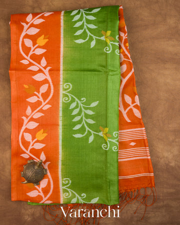 Parrot Green Jamdani Pure Tussar Silk Handloom Saree — Full Saree