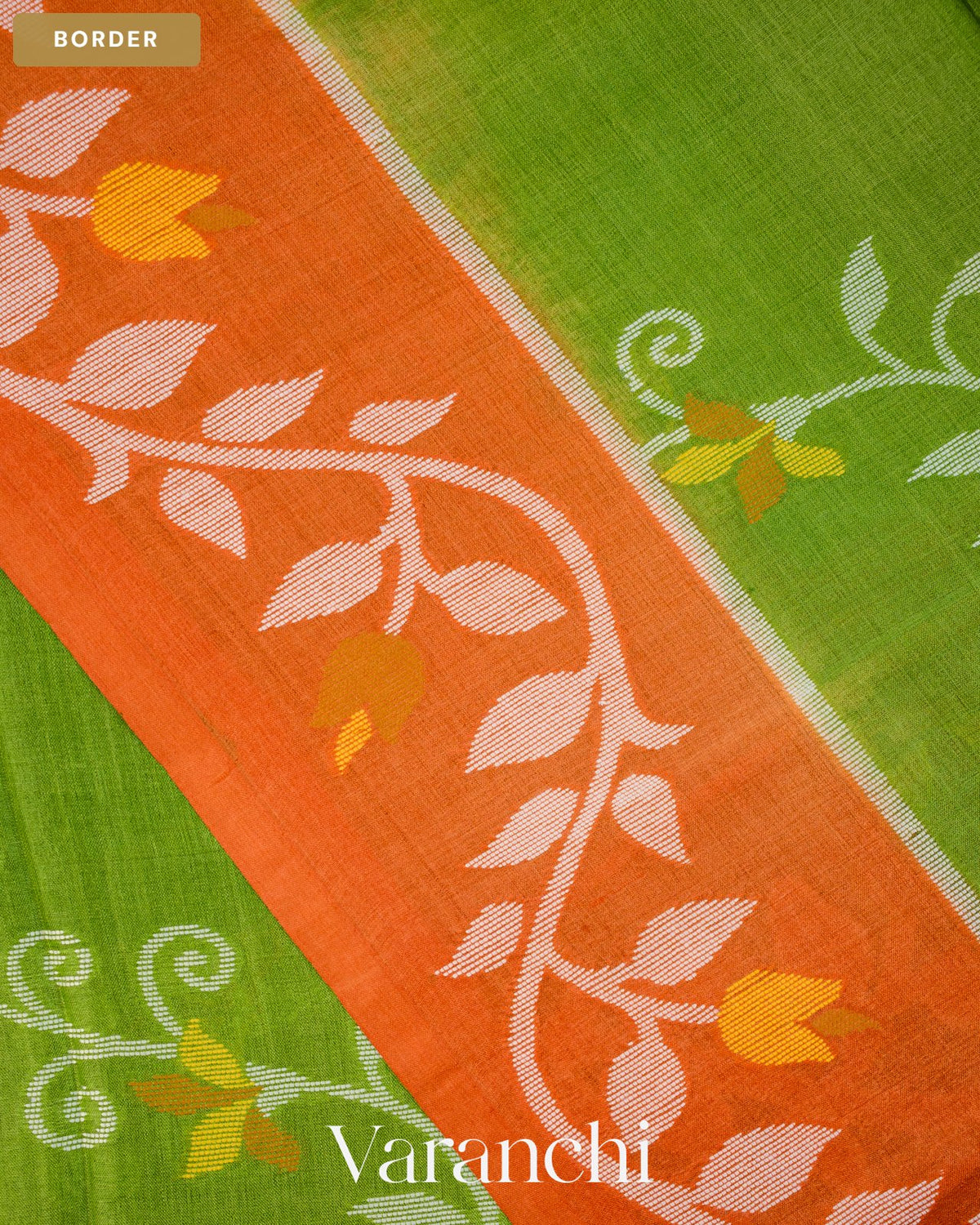 Parrot Green Jamdani Pure Tussar Silk Handloom Saree — Border