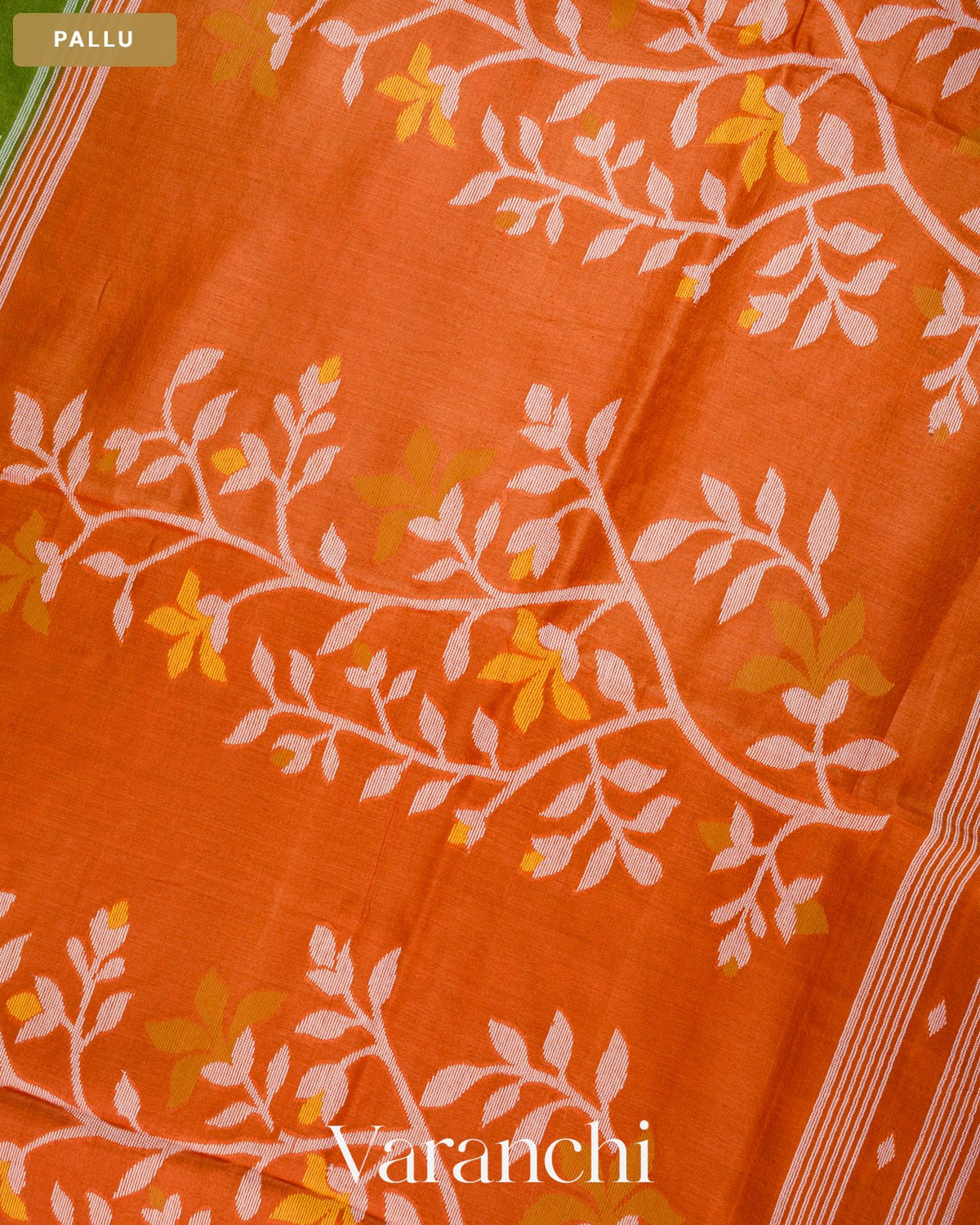 Parrot Green Jamdani Pure Tussar Silk Handloom Saree — Pallu