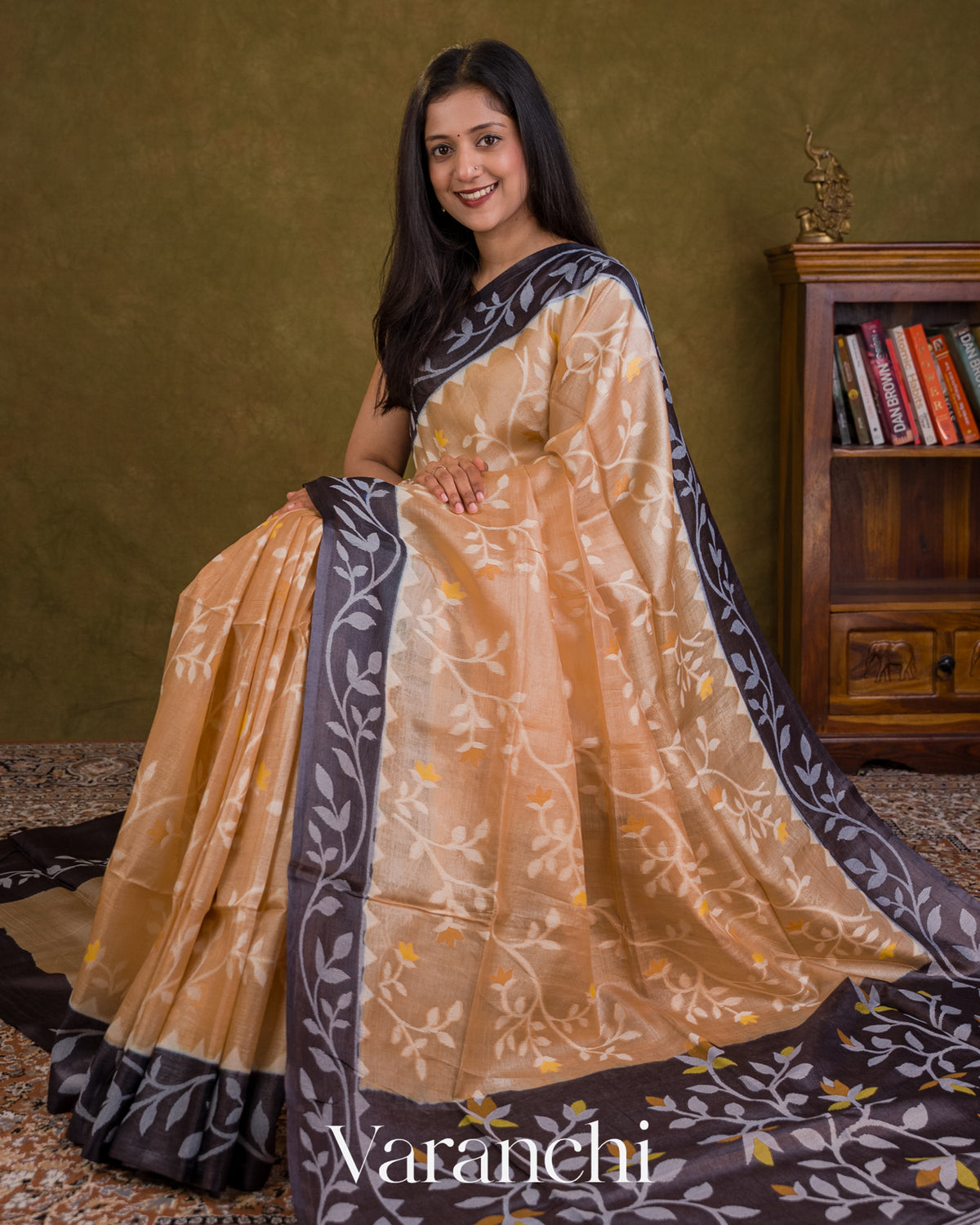 Light Beige Jamdani Pure Tussar Silk Handloom Saree — Draped