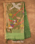 Leafy Green Sequin with Jamdani Paithani Pallu Pure Muslin Silk Handloom Saree — Full Saree
