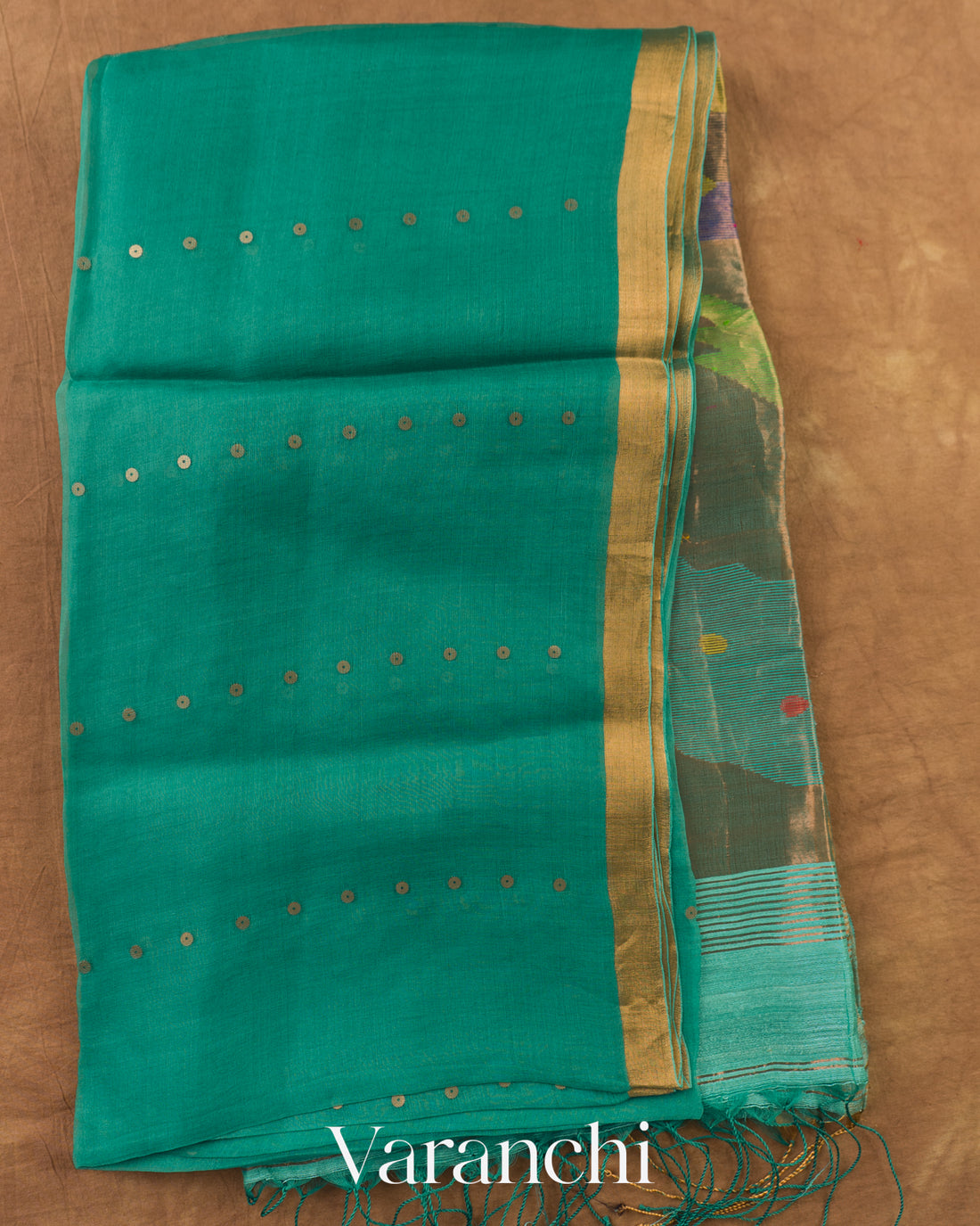 Peacock Blue Sequin with Jamdani Paithani Pallu Pure Muslin Silk Handloom Saree — Full Saree