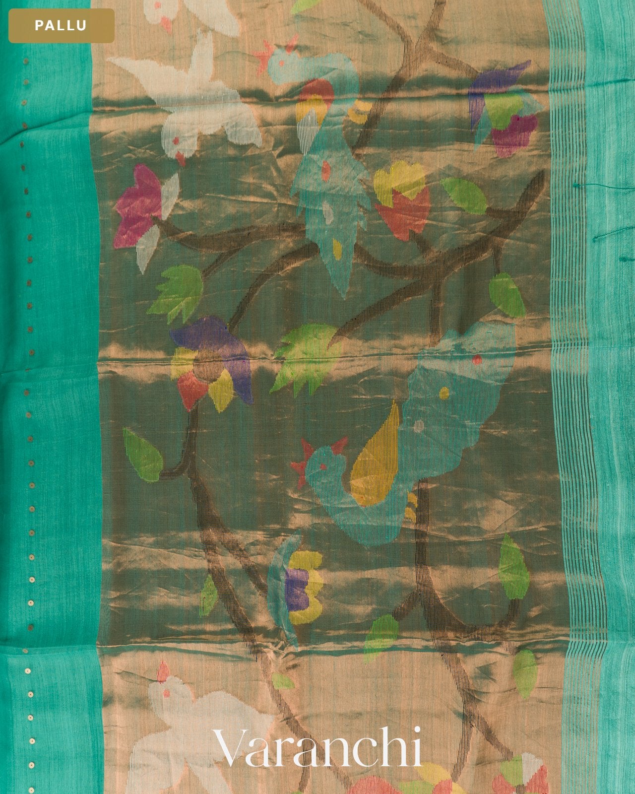 Peacock Blue Sequin with Jamdani Paithani Pallu Pure Muslin Silk Handloom Saree — Pallu