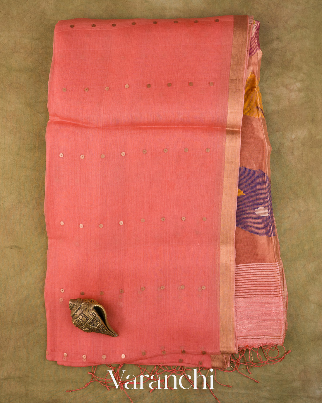 Peach Sequin with Jamdani Paithani Pallu Pure Muslin Silk Handloom Saree — Full Saree