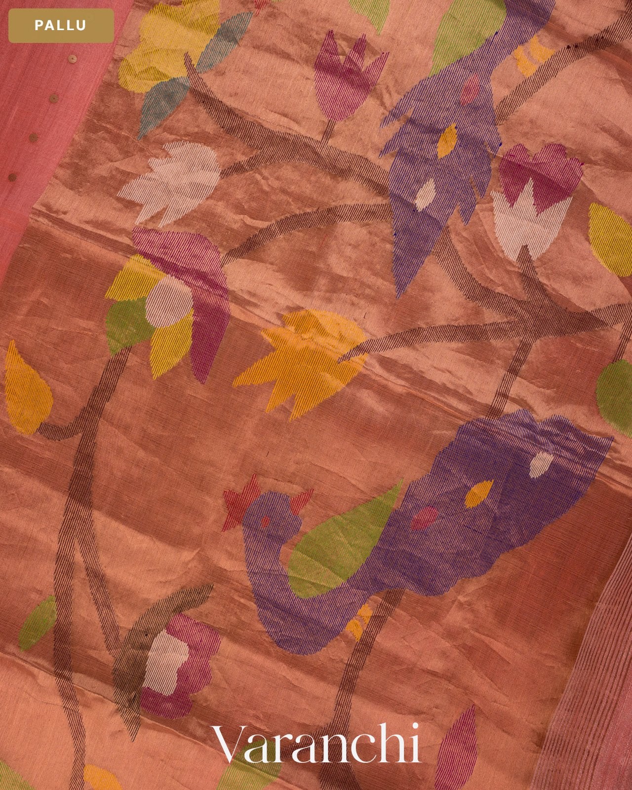Peach Sequin with Jamdani Paithani Pallu Pure Muslin Silk Handloom Saree — Pallu
