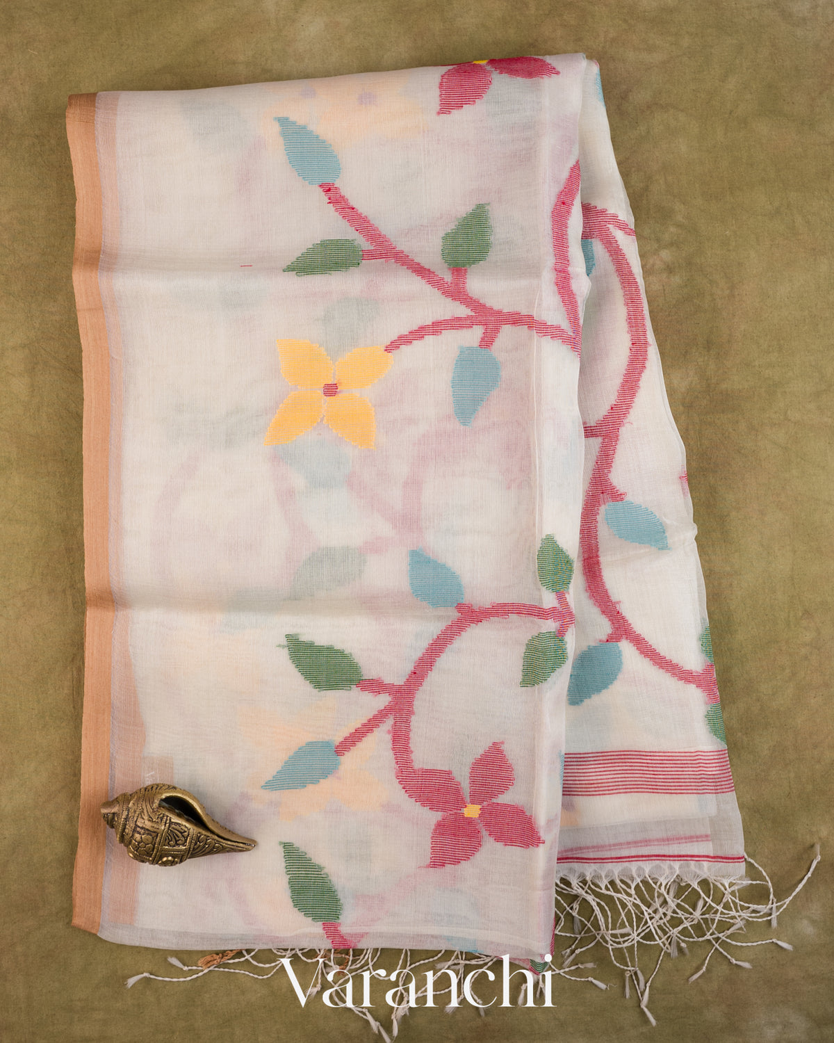 White Floral Jamdani Pure Muslin Silk Handloom Saree — Full Saree
