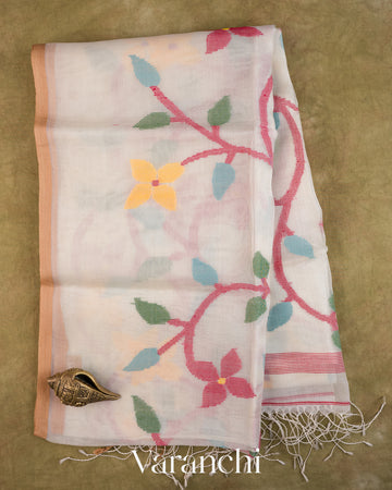 White Floral Jamdani Pure Muslin Silk Handloom Saree — Full Saree