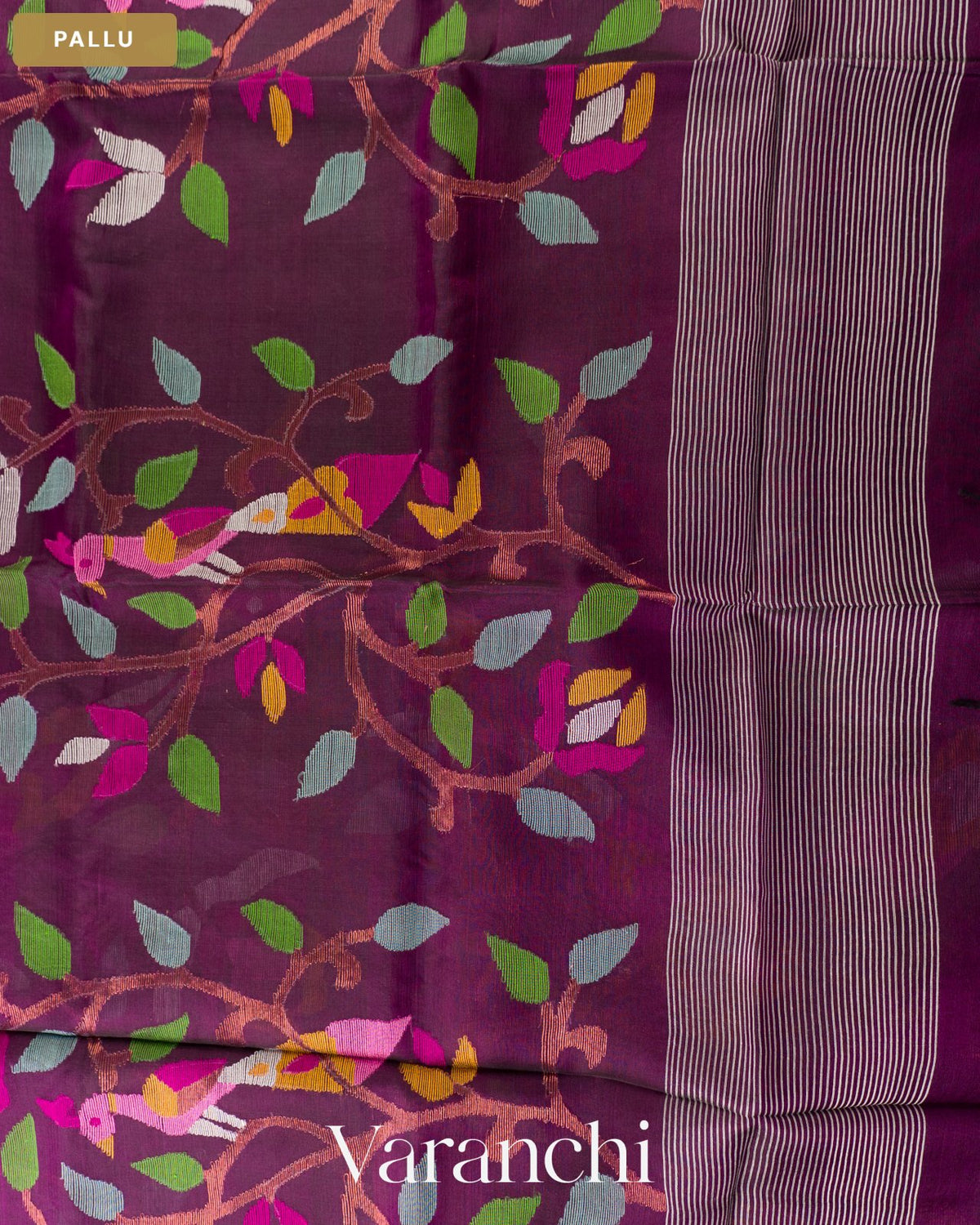 Dark Wine Floral Jamdani Pure Muslin Silk Handloom Saree — Pallu