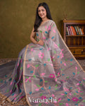 Grey Floral Jamdani Pure Muslin Silk Handloom Saree — Draped