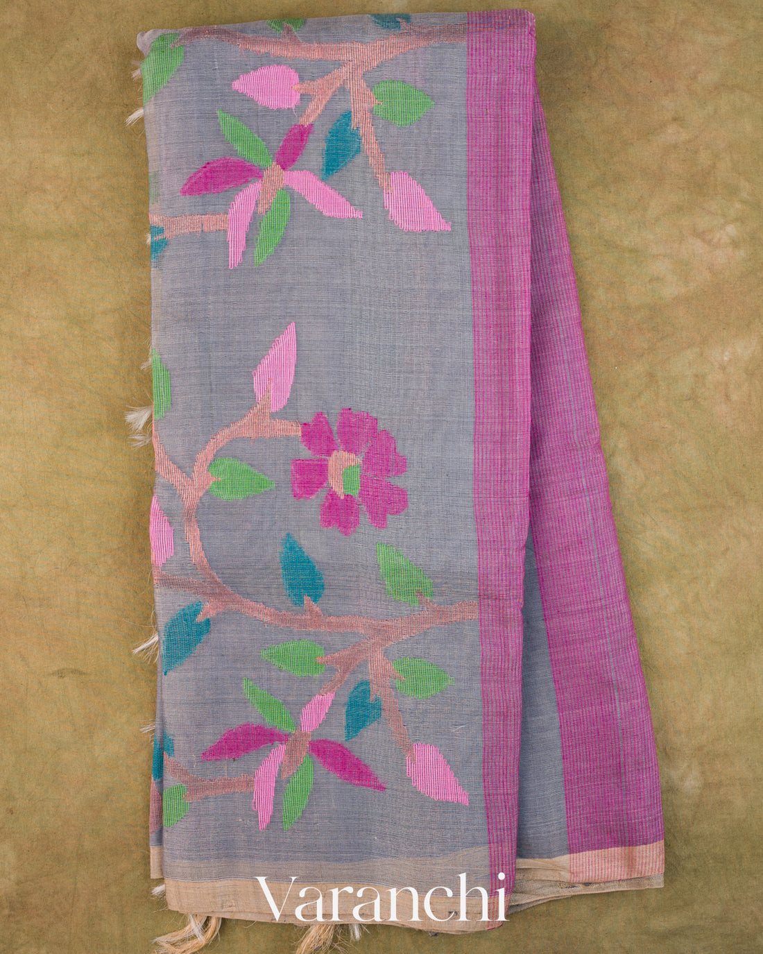 Grey Floral Jamdani Pure Muslin Silk Handloom Saree — Full Saree
