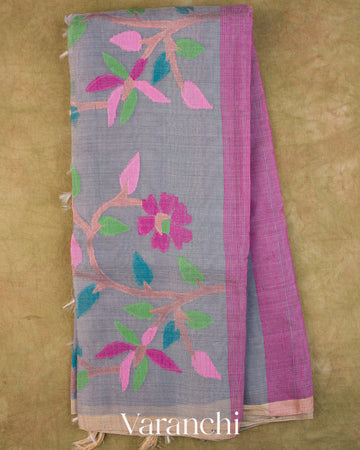 Grey Floral Jamdani Pure Muslin Silk Handloom Saree — Full Saree