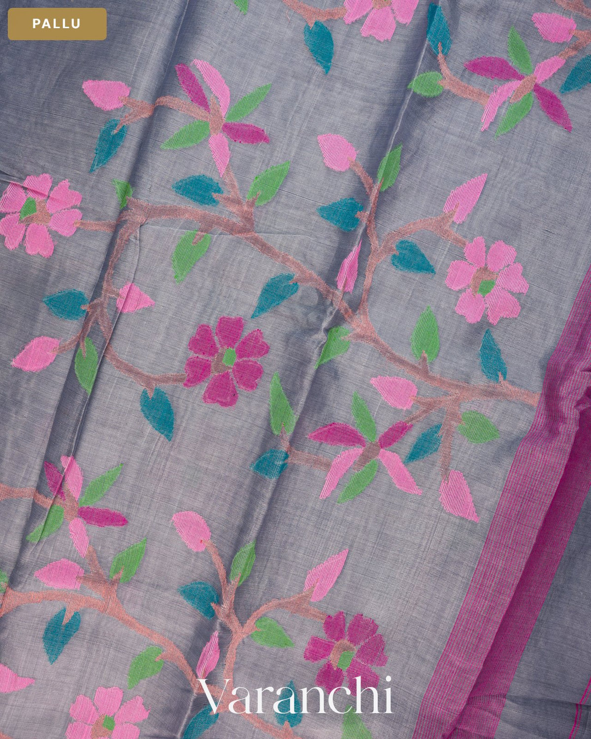 Grey Floral Jamdani Pure Muslin Silk Handloom Saree — Pallu