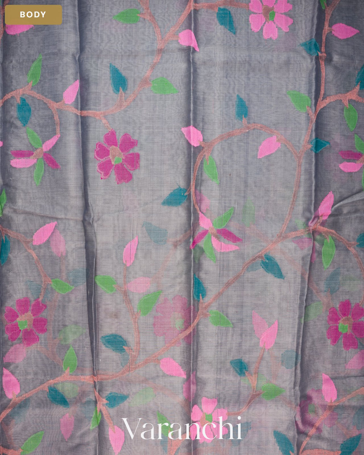 Grey Floral Jamdani Pure Muslin Silk Handloom Saree — Body
