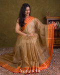 Beige Checkered Pure Tussar Silk Saree — Draped
