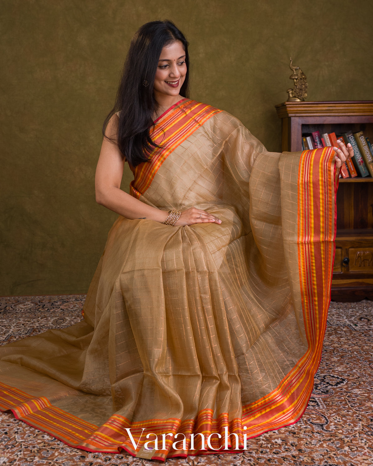 Beige Checkered Pure Tussar Silk Saree — Draped