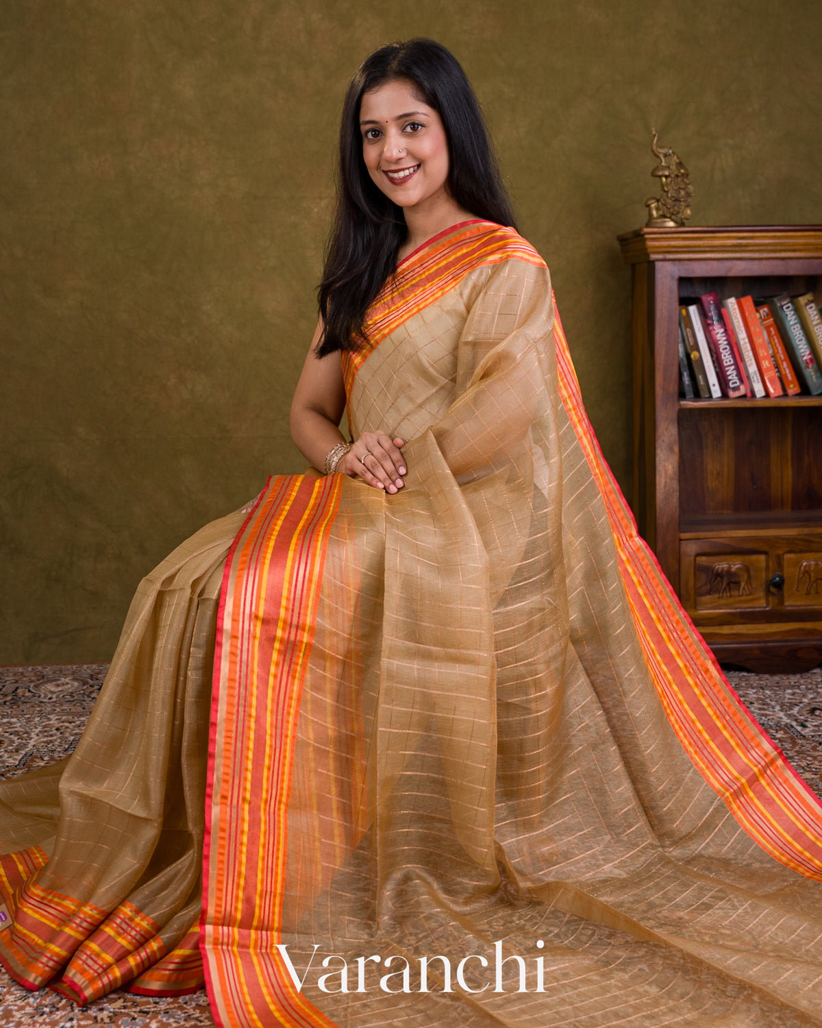 Beige Checkered Pure Tussar Silk Saree — Draped