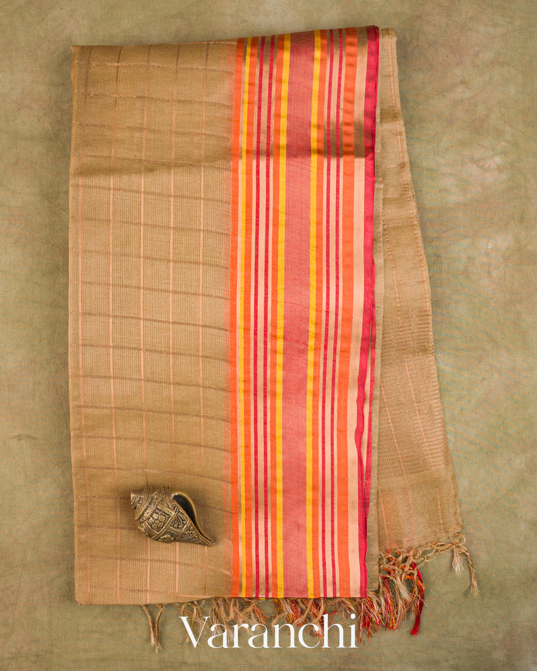 Beige Checkered Pure Tussar Silk Handloom Saree — Full Saree