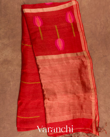 Rusty Red Jamdani Pure Silk Linen Handloom Saree — Full Saree