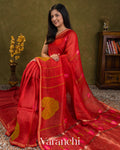 Rusty Red Jamdani Pure Silk Linen Handloom Saree — Draped