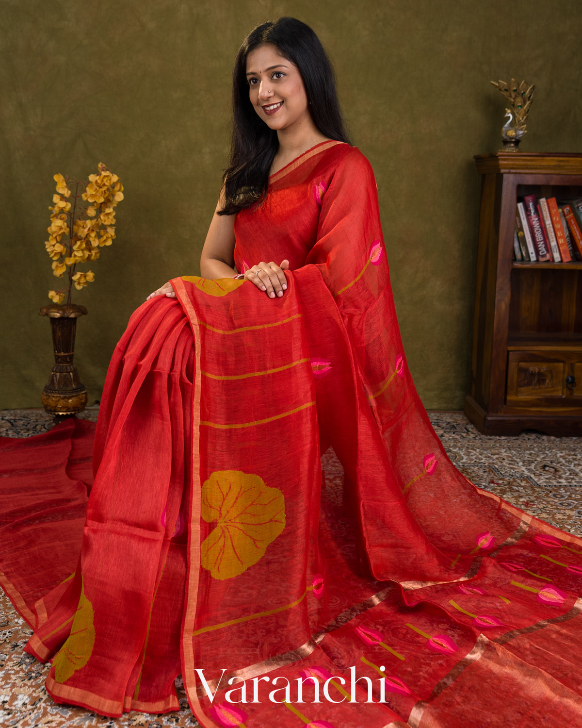 Rusty Red Jamdani Pure Silk Linen Handloom Saree — Draped