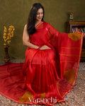 Rusty Red Jamdani Pure Silk Linen Handloom Saree — Draped