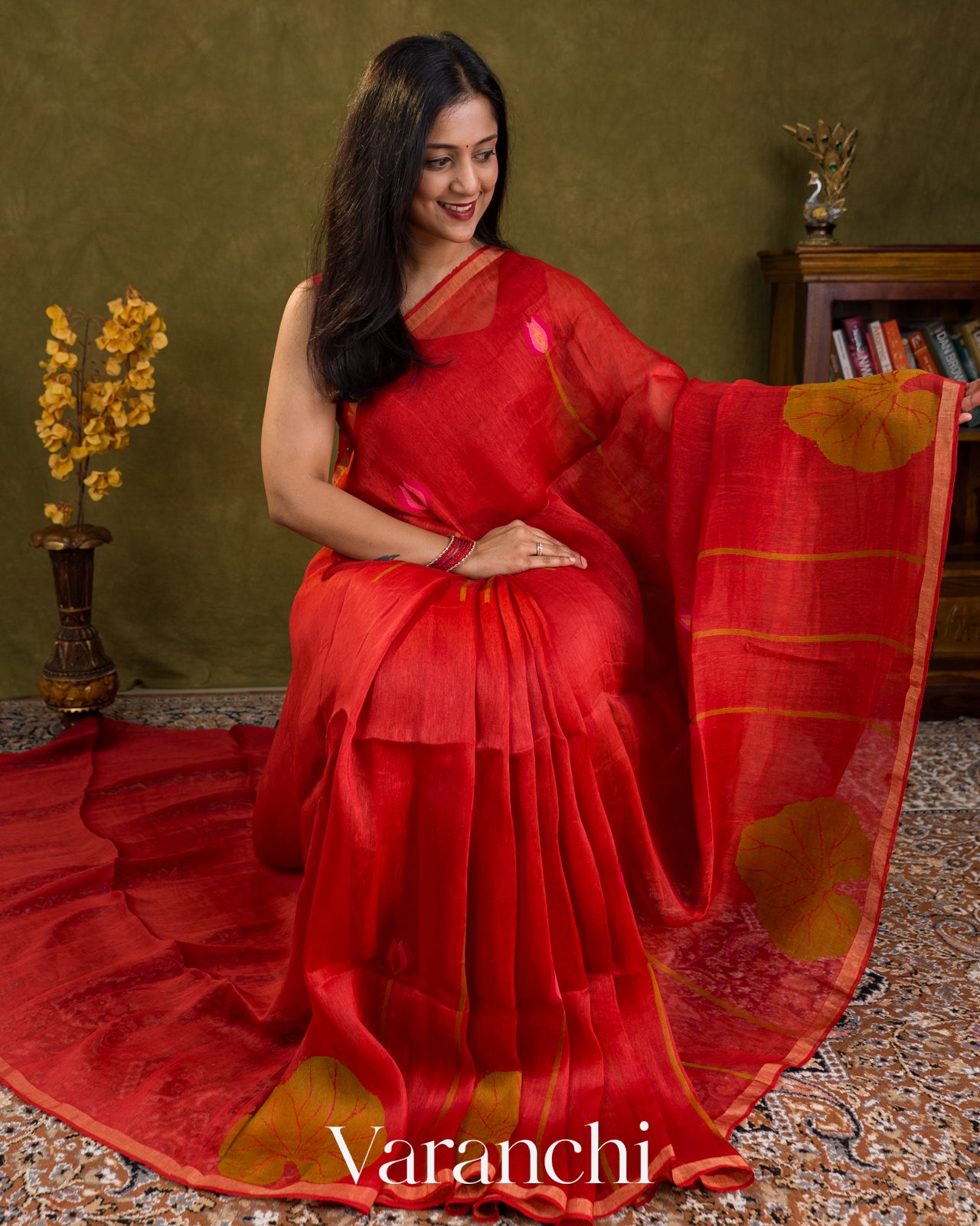 Rusty Red Jamdani Pure Silk Linen Handloom Saree — Draped