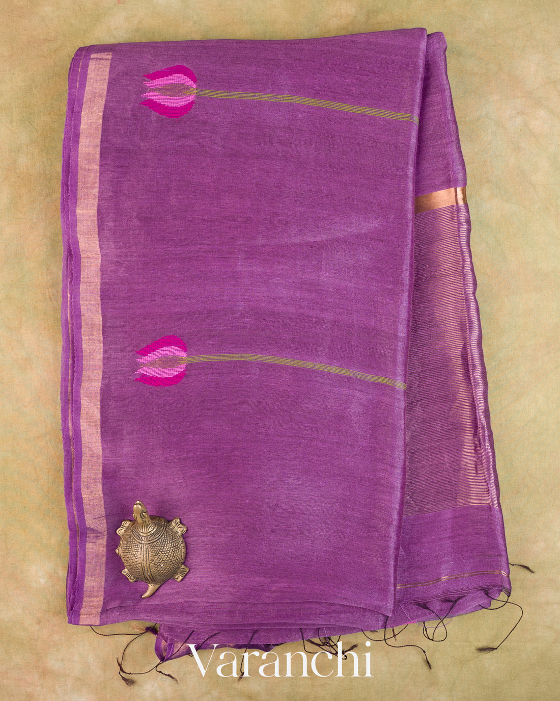 Violet Lotus Jamdani Pure Silk Linen Handloom Saree — Full Saree