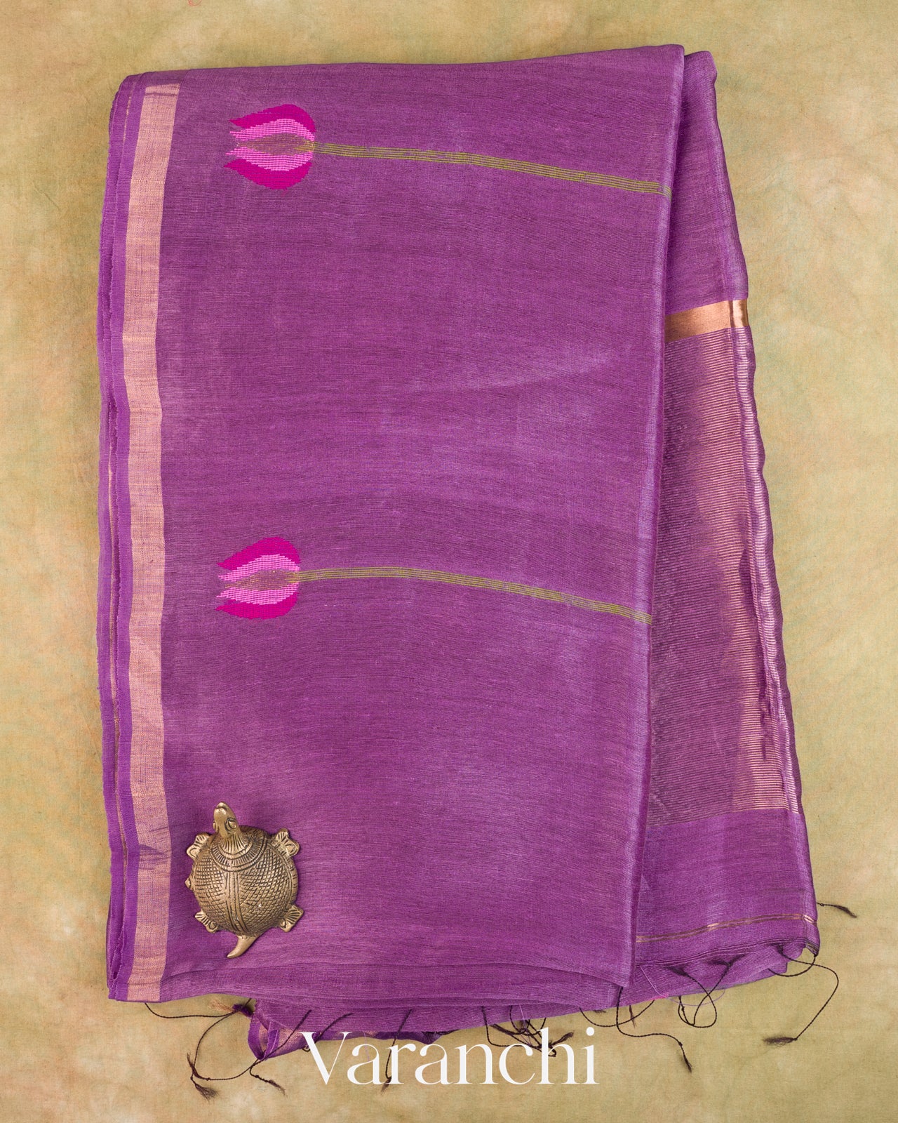 Violet Lotus Jamdani Pure Silk Linen Handloom Saree — Full Saree